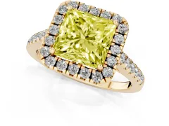 Fancy Yellow Princess Cut Diamond Pavé Halo Engagement Ring Set in Yellow gold with Pavé Band and Prong Setting