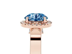 Fancy Blue Round Cut Diamond Halo Ring Set in Rose gold with Pavé-Lined Split Shank Band