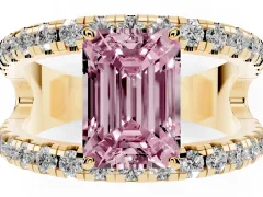 Fancy Pink Emerald Cut Diamond Split Shank Pavé Solitaire Ring Set in Yellow gold with Open Shank Design