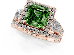 Fancy Green Asscher Cut Diamond Halo Split Shank Ring Set in Rose gold with Round Accent Stones and Prong Setting