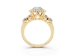 Cushion Cut Diamond Floral Halo Ring Set in Yellow gold with Shared Prong Band