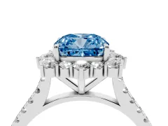 Fancy Blue Cushion Cut Diamond Halo Ring Set in White gold with Pavé Band and Prong Setting