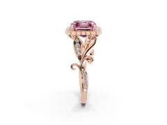 Fancy Pink Asscher Cut Diamond Halo Ring Set in Rose gold with Leaf Motif Split Shank and Prong Setting