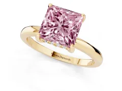 Fancy Pink Princess Cut Diamond Solitaire Ring Set in Yellow gold with Plain Band and Prong Setting