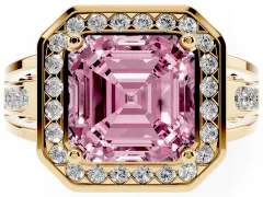 Fancy Pink Asscher Cut Diamond Halo Ring Set in Yellow gold with Pavé and Bezel Accent Split Shank