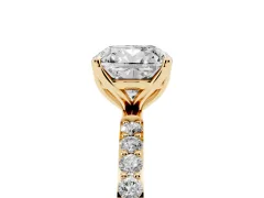 Cushion Cut Diamond Solitaire Engagement Ring Set in Yellow gold with Round Pavé Band and Prong Setting