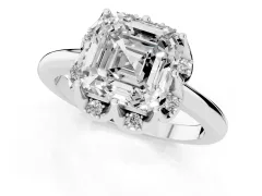 Asscher Cut Diamond Round Cluster Halo Ring Set in White gold with Solitaire Band and Prong Setting