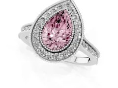 Fancy Pink Pear Cut Diamond Halo Milgrain Pavé Band Ring Set in Platinum with Prong Setting