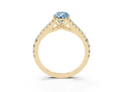 Fancy Blue Pear Cut Diamond Split Shank Pavé Engagement Ring Set in Yellow gold with Prong-Held Center Stone