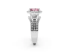 Fancy Pink Oval Cut Diamond Halo Split Shank Ring Set in Silver with Round Accent Stones and Prong Setting