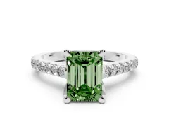 Fancy Green Emerald Cut Diamond Solitaire Ring Set in Platinum with Brilliant Pavé Band and Prong Setting