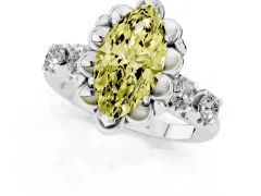 Fancy Yellow Marquise Cut Diamond Floral Halo Ring Set in White gold with Shared Prong Band