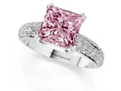 Fancy Pink Princess Cut Diamond Solitaire Ring Set in Platinum with Multi-Row Round Pavé Band and Prong Setting