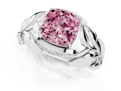 Fancy Pink Cushion Cut Diamond Leaf-Inspired Engagement Ring Set in Platinum with Round Accents