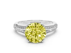 Fancy Yellow Round Cut Diamond Split Shank Pavé Engagement Ring Set in White gold with Prong-Set Center Stone