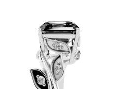 Fancy Black Asscher Cut Diamond Solitaire Twist Engagement Ring Set in Silver with Pavé Leaf Accents