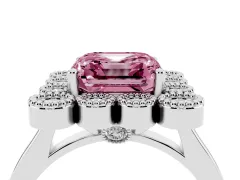 Fancy Pink Asscher Cut Diamond Cluster Halo Ring Set in White gold with Milgrain Bezel Accents and Plain Band
