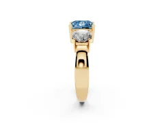 Fancy Blue Princess Cut Diamond Three-Stone Ring Set in Yellow gold with Round Side Stones and Classic Band