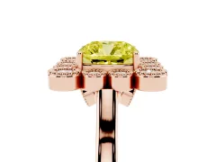 Fancy Yellow Cushion Cut Diamond Cluster Halo Ring Set in Rose gold with Milgrain Bezel Accents and Plain Band
