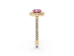 Fancy Pink Cushion Cut Diamond Pavé Halo Ring Set in Yellow gold with Prong Setting