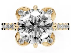 Round Cut Diamond Solitaire Ring Set in Yellow gold with Pavé Band and Floral Prong Setting
