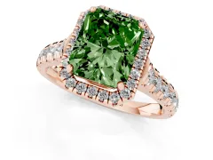 Fancy Green Radiant Cut Diamond Halo Engagement Ring Set in Rose gold with Pavé Band and Prong-Set Center