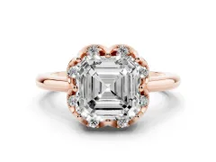 Asscher Cut Diamond Round Cluster Halo Ring Set in Rose gold with Solitaire Band and Prong Setting