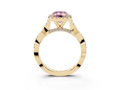 Fancy Pink Emerald Cut Diamond Halo Twist Band Solitaire Ring Set in Yellow gold with Prong Setting