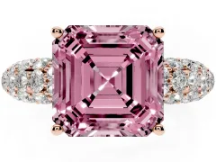 Fancy Pink Asscher Cut Diamond Pavé Band Solitaire Ring Set in Rose gold with Close-Set Accent Stones and Prong Setting