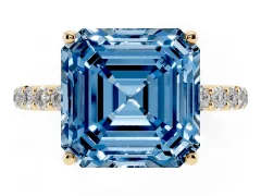 Fancy Blue Asscher Cut Diamond Solitaire Engagement Ring Set in Yellow gold with Round Pavé Band and Prong Setting