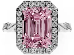 Fancy Pink Emerald Cut Diamond Halo Twist Band Solitaire Ring Set in Silver with Prong Setting