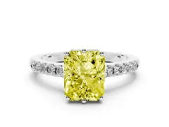 Fancy Yellow Radiant Cut Diamond Solitaire Engagement Ring Set in Platinum with Pavé Band and Prong Setting