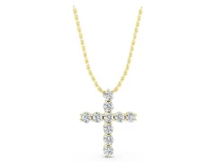 Round Diamond Cross Pendant Set in Yellow gold with Prong-Set Stones