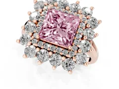 Fancy Pink Princess Cut Diamond Floral Double Halo Ring Set in Rose gold with Round Petals