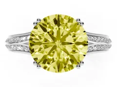 Fancy Yellow Round Cut Diamond Split Shank Pavé Engagement Ring Set in White gold with Prong-Set Center Stone