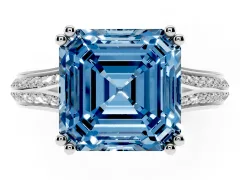 Fancy Blue Asscher Cut Diamond Split Shank Pavé Engagement Ring Set in Platinum with Prong-Set Center Stone