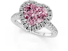 Fancy Pink Heart Cut Diamond Pavé Halo Engagement Ring Set in White gold with Pavé Band and Prong Setting