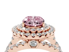Fancy Pink Oval Cut Diamond Double Halo Ring Set in Rose gold with Round Pavé Split Shank