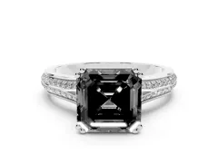 Fancy Black Asscher Cut Diamond Split Shank Pavé Engagement Ring Set in White gold with Prong-Set Center Stone