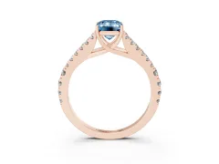 Fancy Blue Emerald Cut Diamond Split Shank Pavé Engagement Ring Set in Rose gold with Prong-Held Center Stone