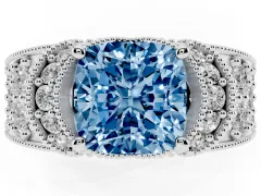 Fancy Blue Cushion Cut Diamond Milgrain Halo Pavé Engagement Ring Set in Silver with Prong Setting