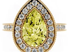 Fancy Yellow Pear Cut Diamond Halo Milgrain Pavé Band Ring Set in Yellow gold with Prong Setting