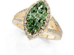 Fancy Green Marquise Cut Diamond Halo Split Shank Pavé Ring Set in Yellow gold with Prong Setting