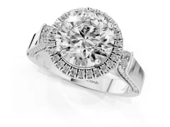 Round Cut Diamond Halo Ring Set in Platinum with Pavé-Lined Split Shank Band
