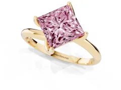Fancy Pink Princess Cut Diamond Solitaire Engagement Ring Set in Yellow gold with Classic Plain Band