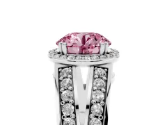 Fancy Pink Round Cut Diamond Halo Ring Set in White gold with Double Pavé Split Shank