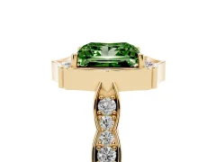 Fancy Green Princess Cut Diamond Halo Engagement Ring Set in Yellow gold with Milgrain Band and Prong Setting