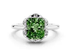 Fancy Green Radiant Cut Diamond Round Cluster Halo Ring Set in Silver with Solitaire Band and Prong Setting