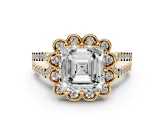 Asscher Cut Diamond Floral Halo Split Shank Engagement Ring Set in Yellow gold with Pavé Shank