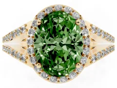 Fancy Green Oval Cut Diamond Halo Split Shank Pavé Ring Set in Yellow gold with Prong Setting